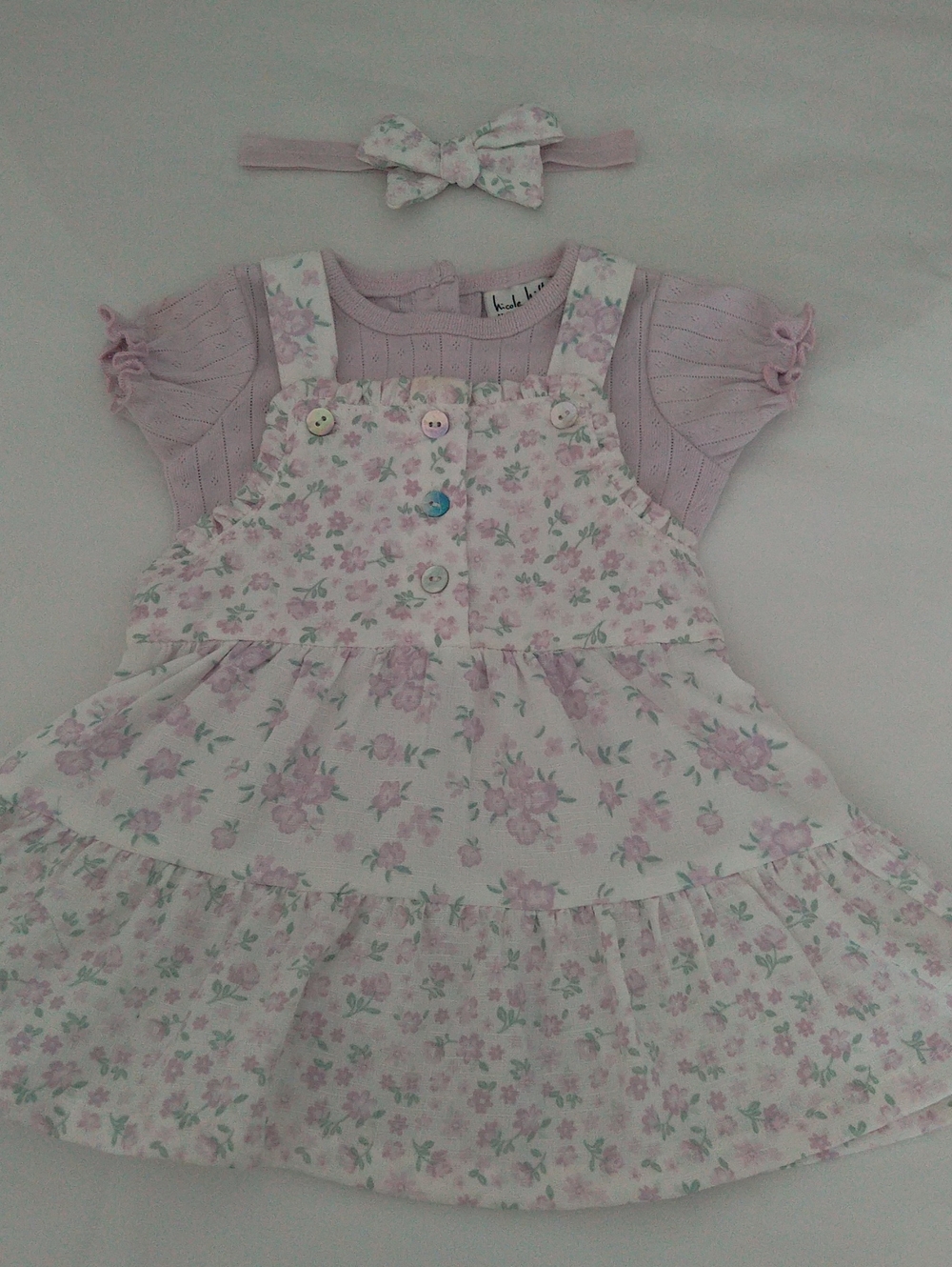 Nicole Miller Baby Girl Floral Tiered Dress with Lilac Bodysuit and Headband Set